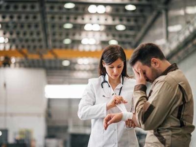 Injured worker being assisted by a female doctor at metal industry factory.